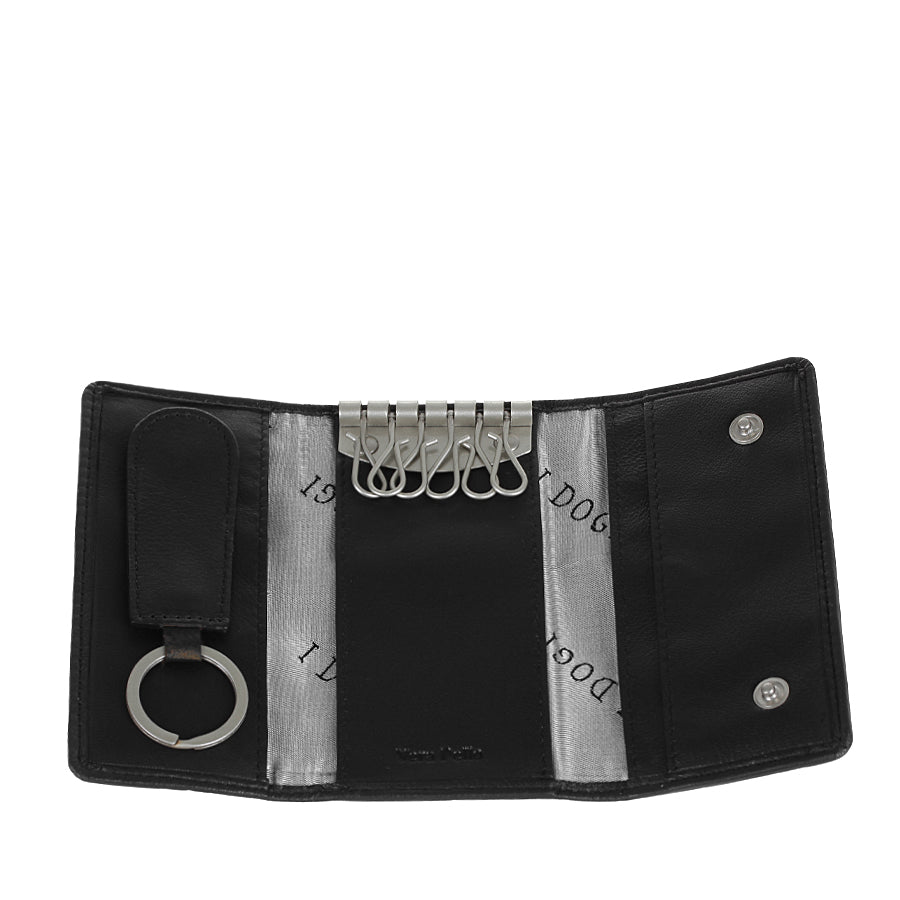 Black leather key case opened flat with six swivel hooks and the detachable fob in place — Cortina 5005 nero