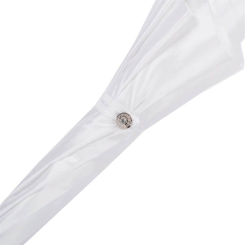 Close-up of a white sleeve with a decorative button on a white background