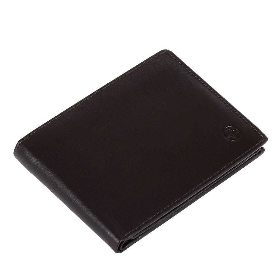 Tony Perotti Cortina 5036 wallet lying closed, seen from above — the fold and the slim profile (dark brown colourway shown)