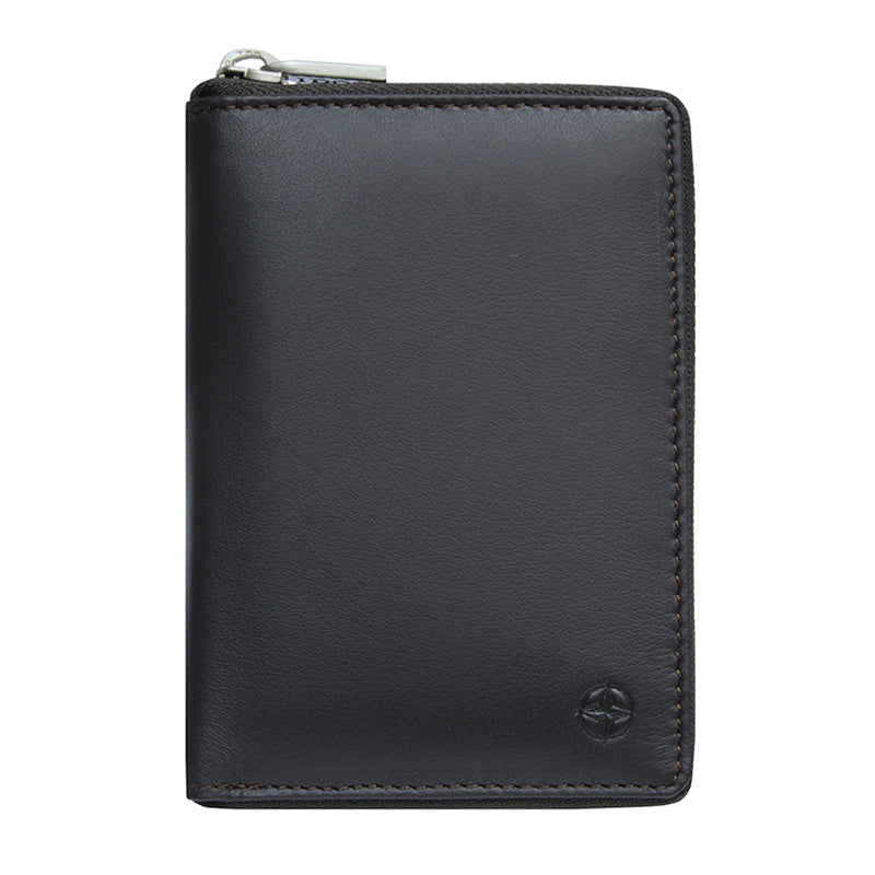 Dark brown Tony Perotti Cortina 5086 compact zip-around wallet seen straight on, closed, with the embossed compass rose in the lower corner