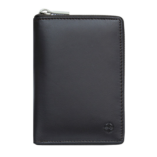 Dark brown Tony Perotti Cortina 5086 compact zip-around wallet seen straight on, closed, with the embossed compass rose in the lower corner