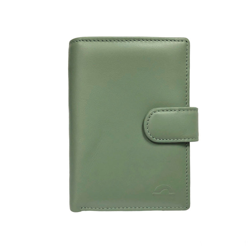 Tony Perotti New Rainbow 1654 sage green vertical bifold wallet with snap strap and embossed turtle — handcrafted in Italy