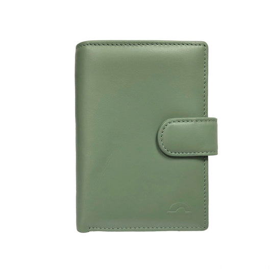 Tony Perotti New Rainbow 1654 sage green vertical bifold wallet with snap strap and embossed turtle — handcrafted in Italy