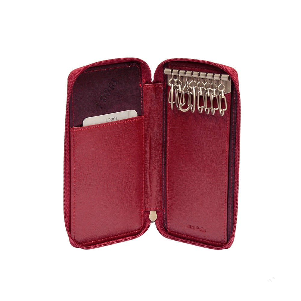 Tony Perotti Cortina 5026 rosso — open: eight snap hooks on the metal bar, leather card pocket with «I DOGI» embossed above it and «Vera Pelle» below