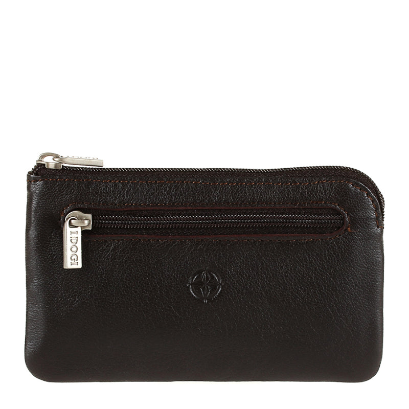 Tony Perotti dark brown calf leather zip key pouch with embossed Cortina compass emblem — Cortina 5002 moro