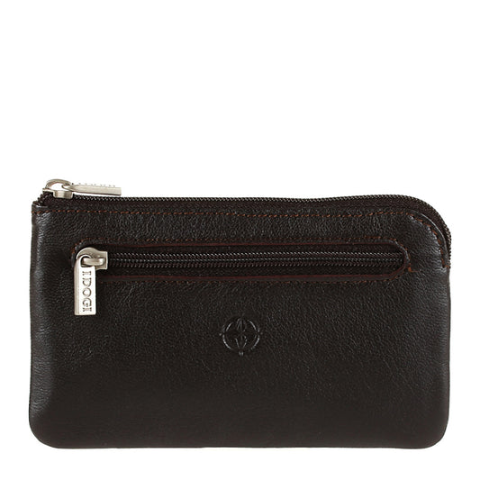 Tony Perotti dark brown calf leather zip key pouch with embossed Cortina compass emblem — Cortina 5002 moro