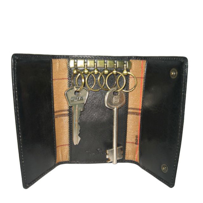 Black leather key case open with keys attached, plaid fabric lining — Tony Perotti Italico 2533 nero