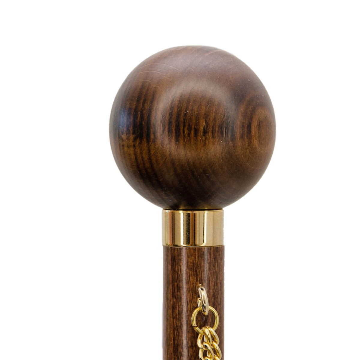 Round wooden ball top with visible grain and gold-tone collar, close-up, handcrafted in Italy