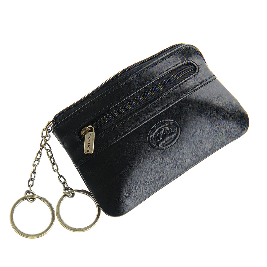 Black leather key pouch with two brass key rings on chains — Tony Perotti Italico 359 nero