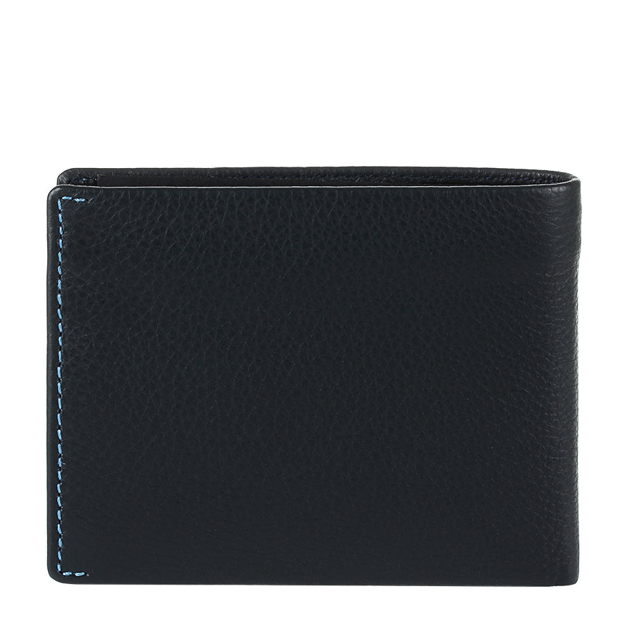Tony Perotti Timone 11013G navy leather bifold wallet, back view with light blue contrast stitching