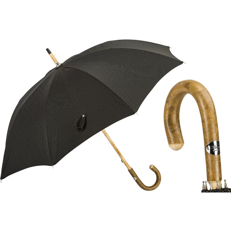 Pasotti men's black pin-dot umbrella with one-piece ash handle, open, with a close-up of the handle — 142 Pto CN5 F