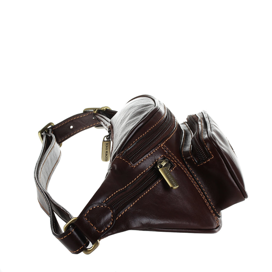 Side view of the dark brown Tony Perotti Italico 8018 belt bag — side zip pocket and leather belt