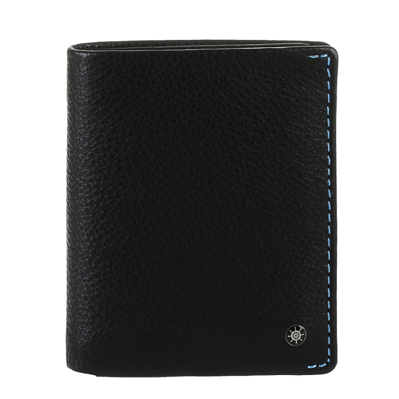 Tony Perotti Timone 11071 black compact leather bifold wallet, front with ship's wheel emblem
