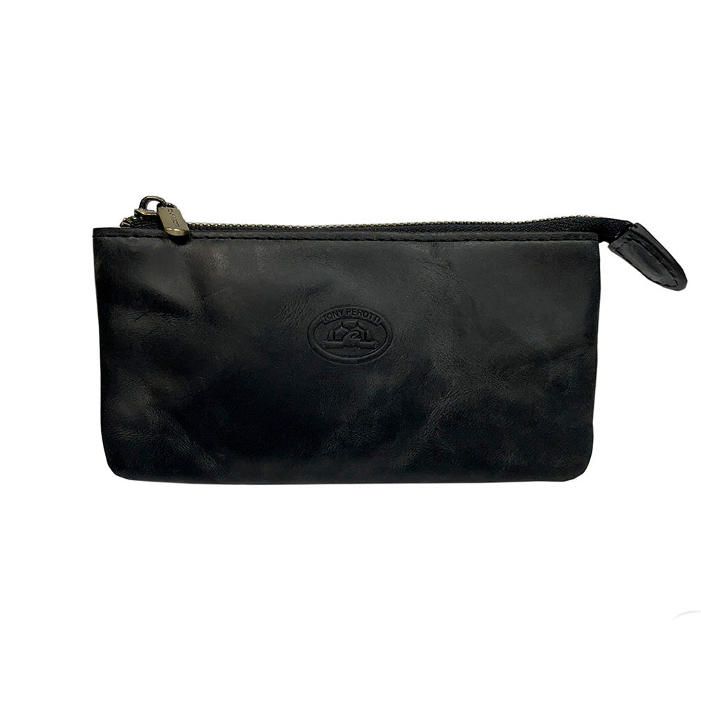 Black Tony Perotti key case handcrafted in Italy — front view with the rings tucked inside and a leather zip pull