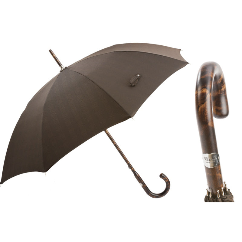 Pasotti men's brown umbrella with one-piece hickory handle, open, with a close-up of the handle — 142 Milford-5 HT