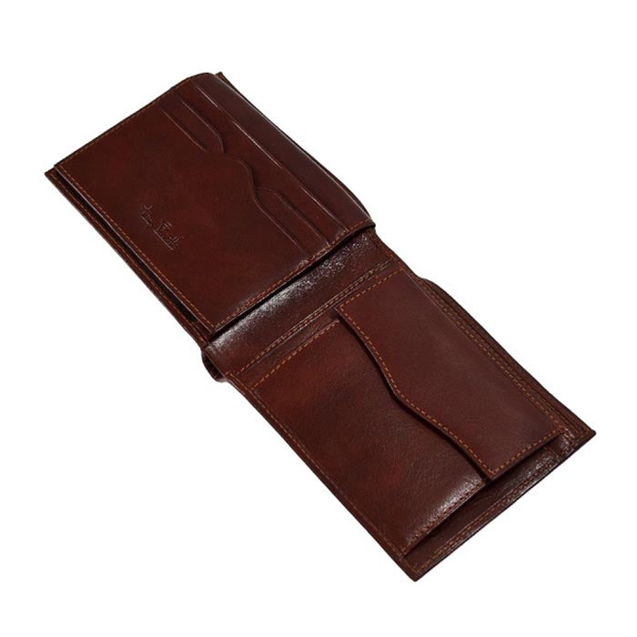 Open cognac leather bifold wallet with card slots and coin pocket — Tony Perotti Italico 396