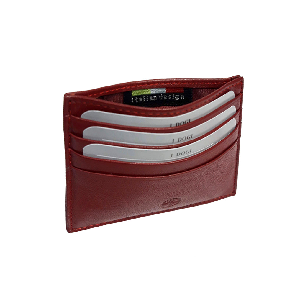 Tony Perotti Cortina 5043 rosso — at an angle with the central compartment open, showing the textile lining and the woven «Italian design» label