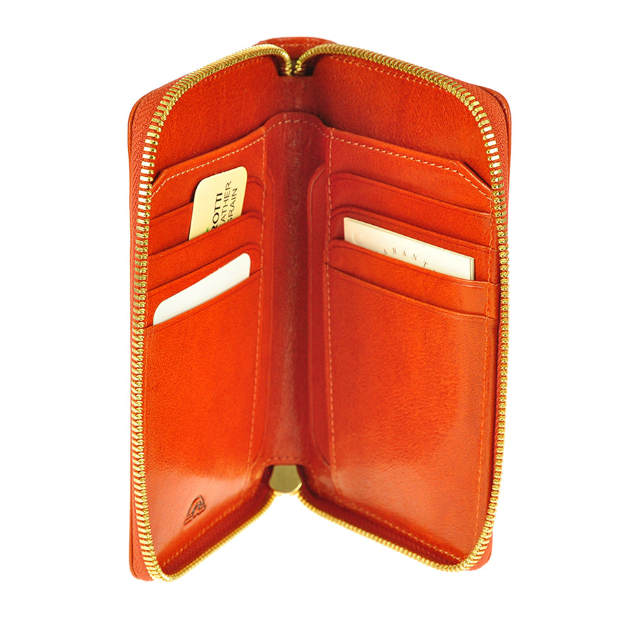 Topkapi zip-around wallet open showing card slots on both sides and gold-tone zip