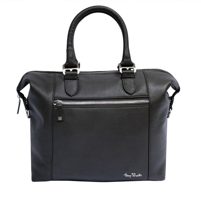 Tony Perotti Contatto 9217-31 moro women's dark brown leather convertible handbag — front view in the compact setting, front zip pocket and the metal Tony Perotti signature plate