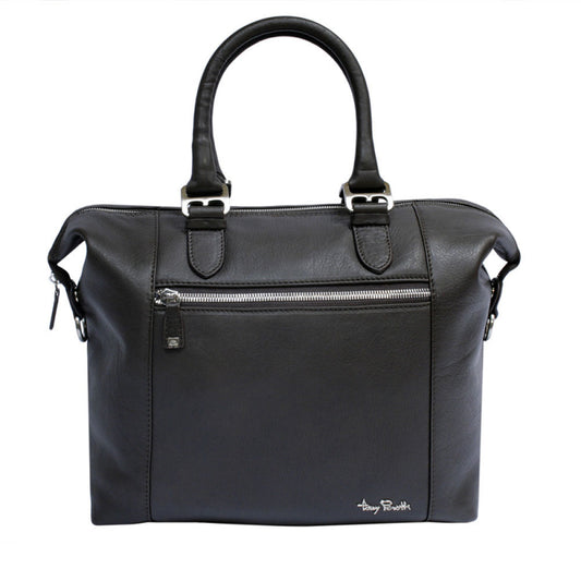 Tony Perotti Contatto 9217-31 moro women's dark brown leather convertible handbag — front view in the compact setting, front zip pocket and the metal Tony Perotti signature plate