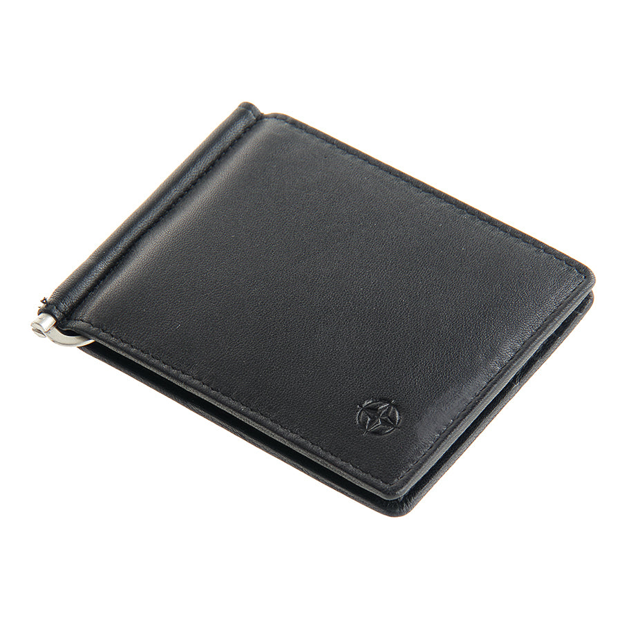Black leather money clip wallet angled view — Tony Perotti Cortina 5000