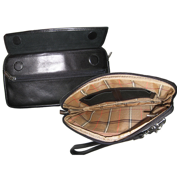 Italico 9405 black clutch opened — flap with two magnetic snaps and the main compartment with checked lining