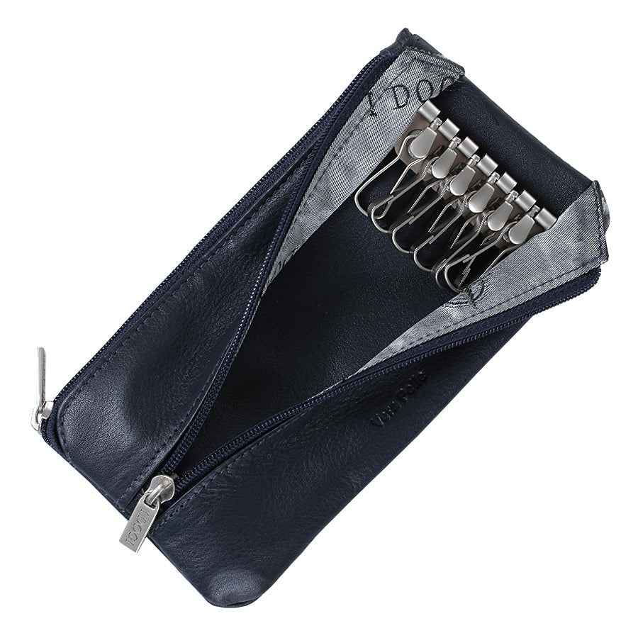 Tony Perotti Cortina 5021 navy — second compartment open: the bar of six swivel snap hooks against the grey woven lining