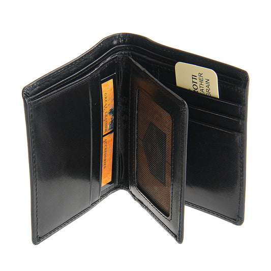 Tony Perotti Italico 2112 nero black leather wallet open — mesh ID window with a branded insert card behind it and card slots holding a Tony Perotti insert card