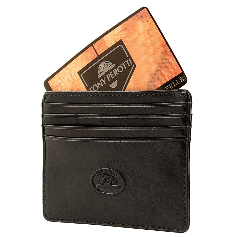 Black leather card holder at an angle with Tony Perotti brand card in the slot — Italico 2236 nero