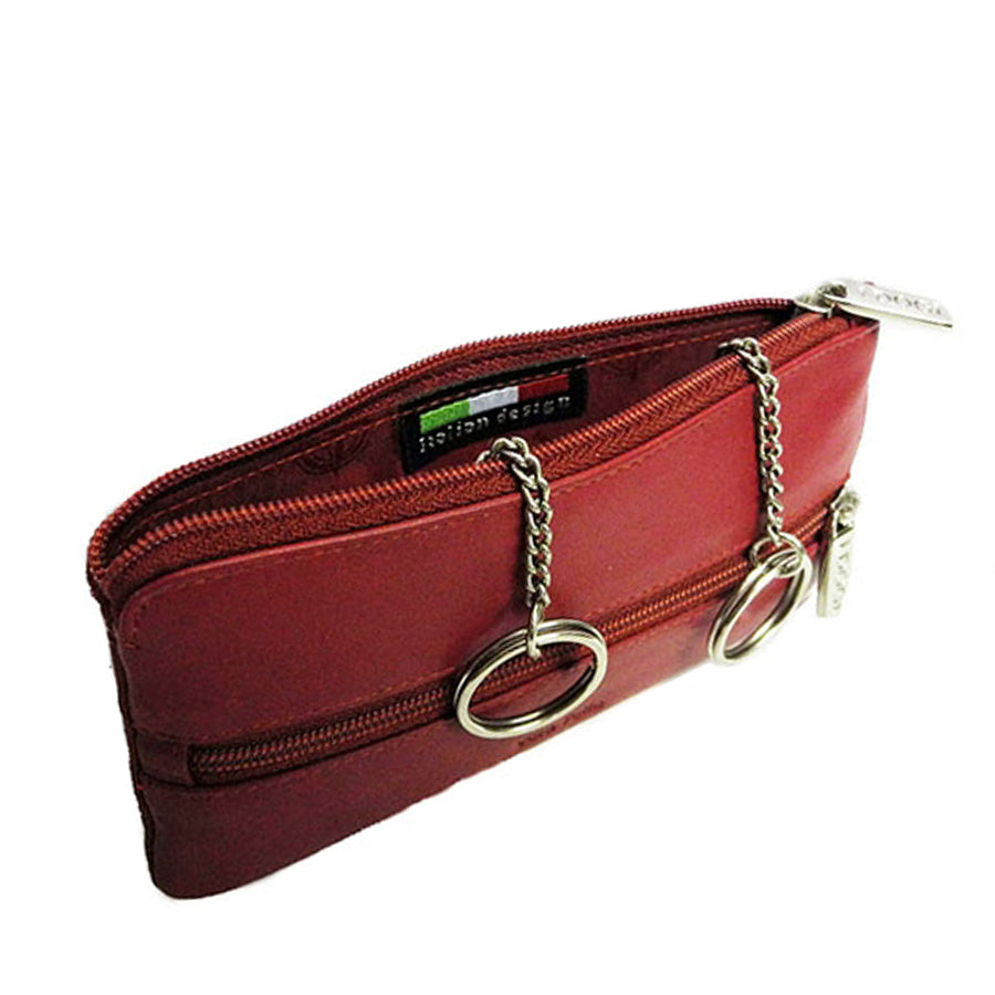 Tony Perotti Cortina 5021 rosso — main compartment open: red lining with the woven «Italian design» label and two key rings on chains