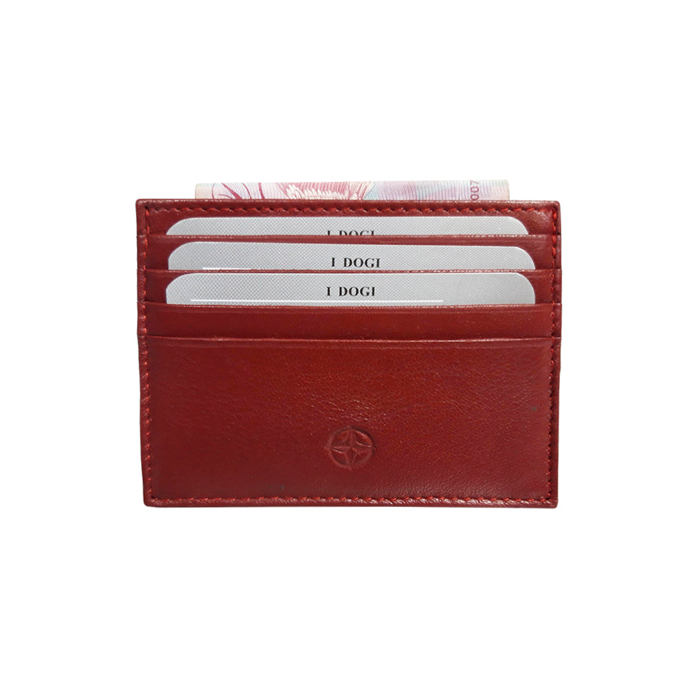 Tony Perotti Cortina 5043 rosso — cards in the slots and a banknote folded into the central compartment along the top edge