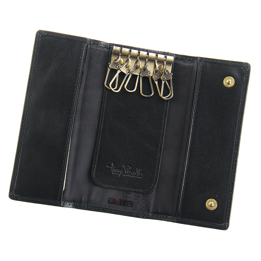 Interior of the black leather key case with brass snaps and printed Tony Perotti lining — Italico 344 nero