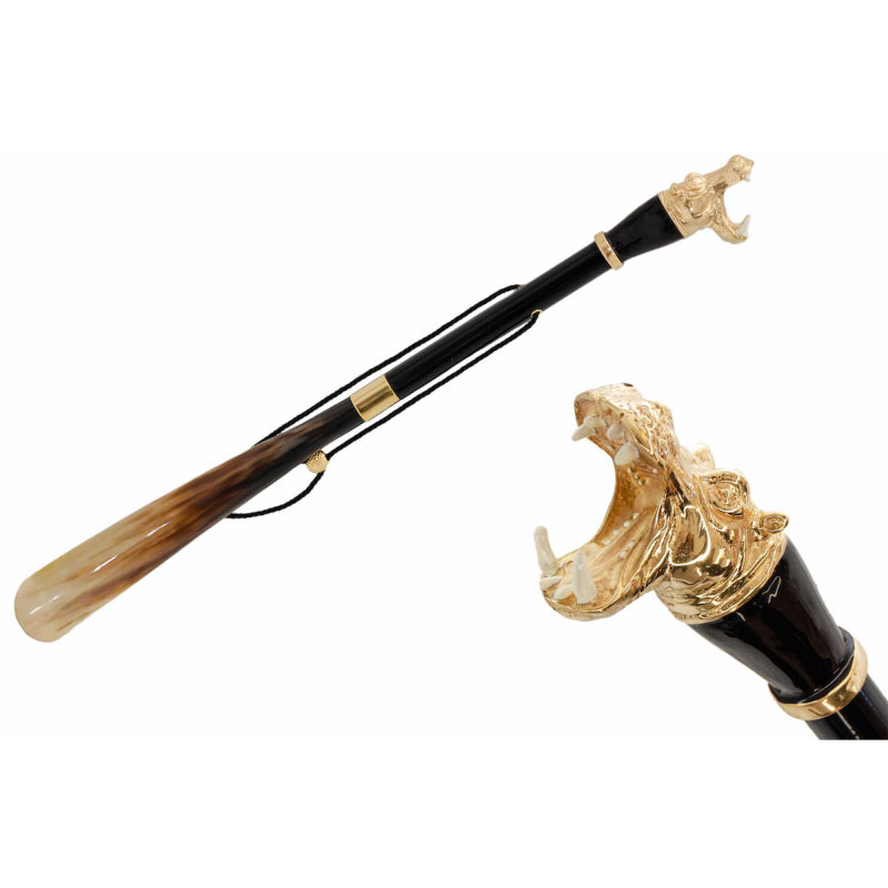 Pasotti gold-tone hippo head shoehorn with natural horn blade, full view with a close-up of the hippo — CS K2PC