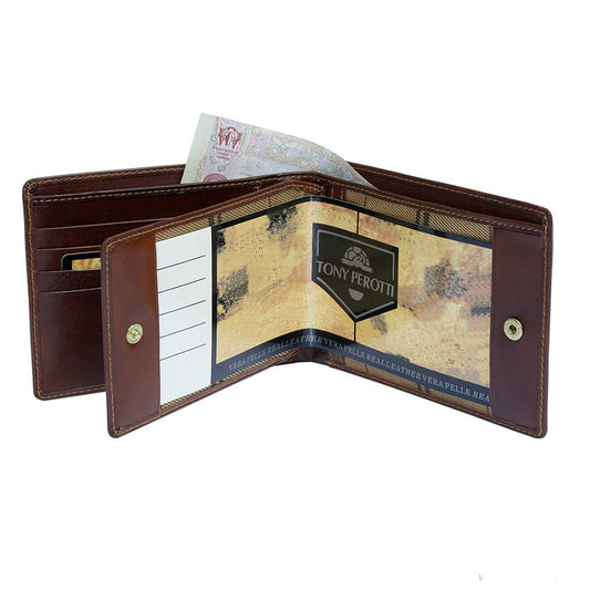 Tony Perotti Italico 314 cognac leather bifold wallet open with the fold-out booklet raised — printed Vera Pelle Real Leather insert and a note page on snap fasteners