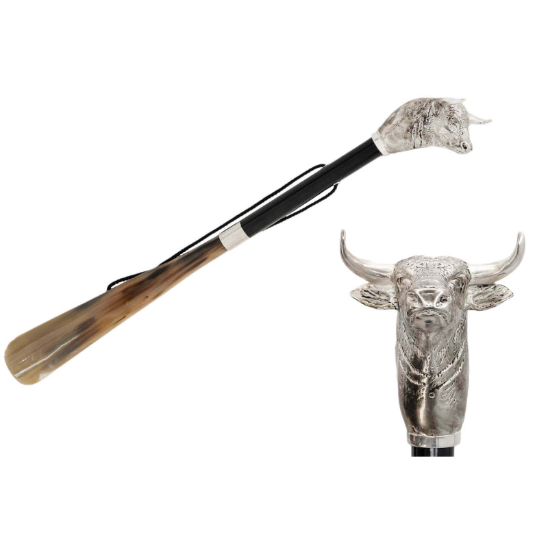 Pasotti silver-tone bull head shoehorn with natural horn blade, full view with a close-up of the bull head — CS K57PC