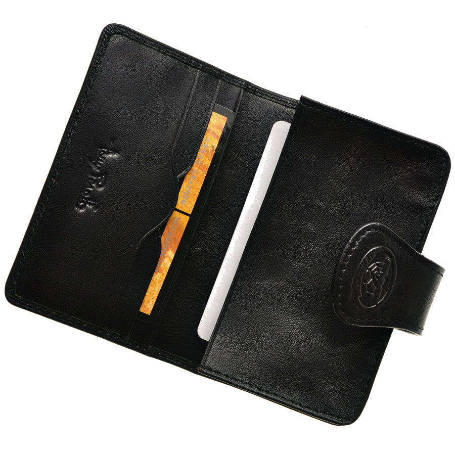 Accademia 1440 nero opened flat with cards in the slots and the flap tab folded back