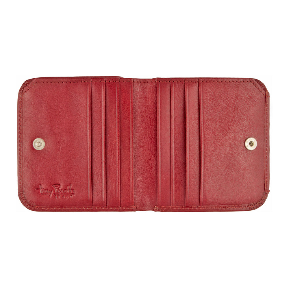 Tony Perotti Italico 1858S rosso red leather compact wallet open and empty — card slots on both sides with silver snap fasteners and the embossed Tony Perotti Italy signature