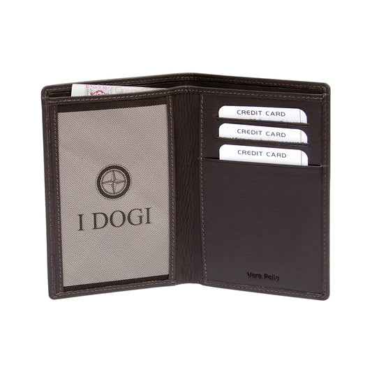 Dark Brown document holder Tony Perotti Cortina 5015 moro opened flat — mesh ID window on one side, three stepped card slots and a Vera Pelle pocket on the other