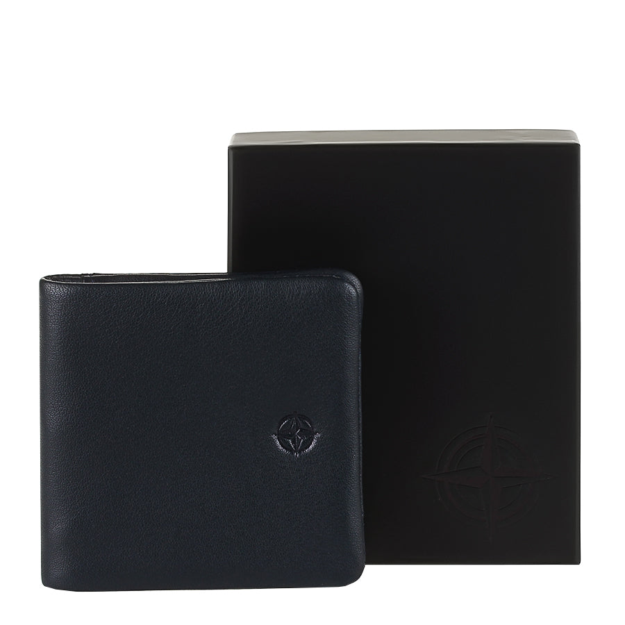 Navy Tony Perotti Cortina 5080 navy coin pouch beside its branded Tony Perotti gift box