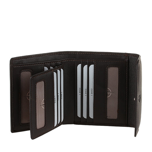 Dark brown leather bifold wallet fold-out ID window — Tony Perotti Cortina 5087