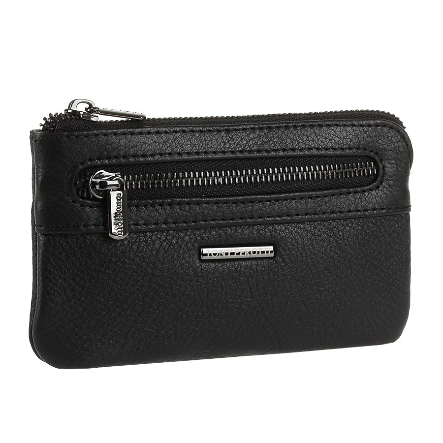 Tony Perotti New Contatto 359 nero — the front zip pocket with its silver pull and the metal «TONY PEROTTI» plate below it