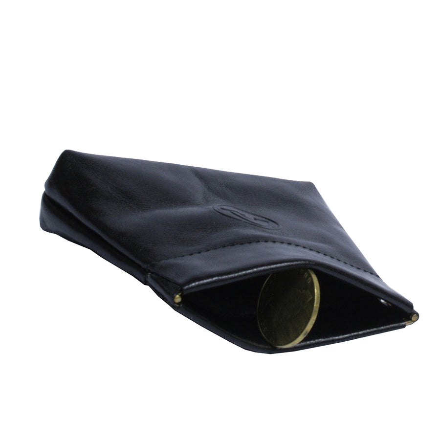 Black Tony Perotti Italico 1615 nero coin pouch with the mouth open and a coin inside — the brass magnet caps visible at the corners