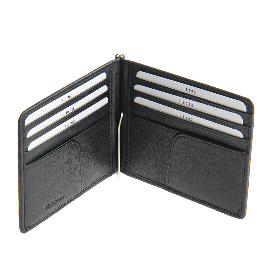 Black leather money clip wallet card slots and corner tabs — Tony Perotti Cortina 5000