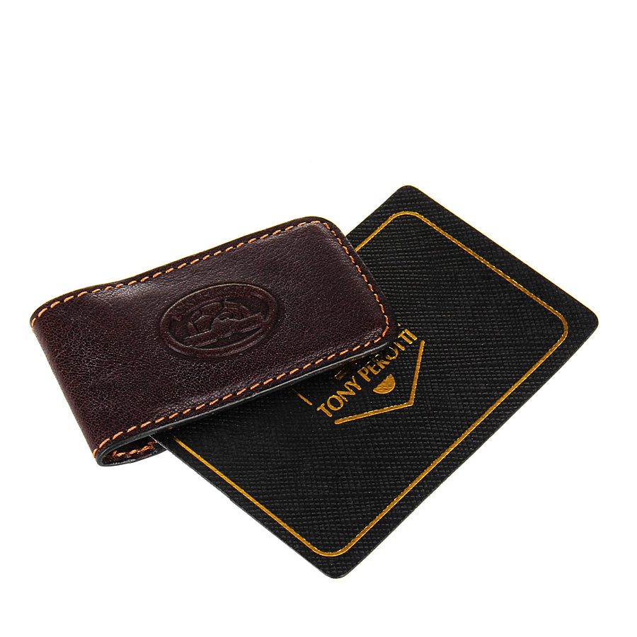 Dark brown leather magnetic money clip, handcrafted in Italy — Tony Perotti Italico 1201