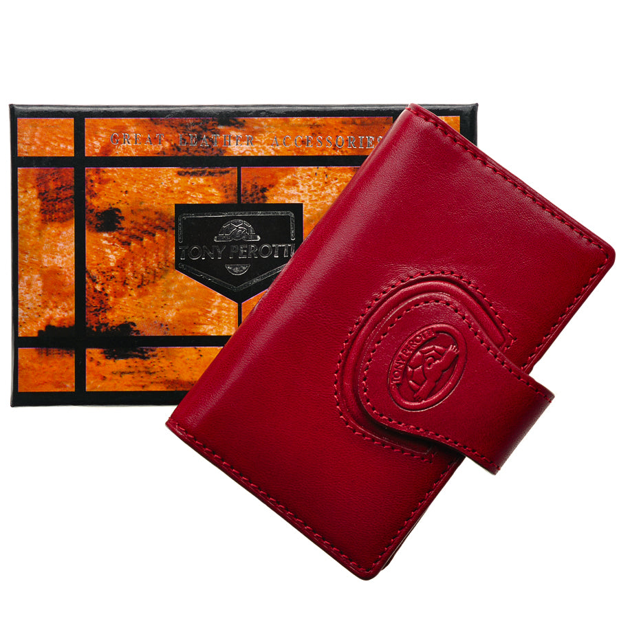 Red Tony Perotti Accademia 1440 business card holder with its branded Tony Perotti gift box