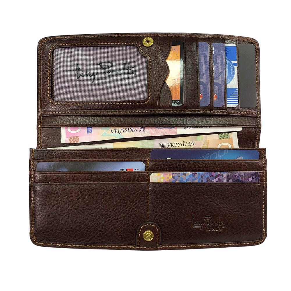 Open Tony Perotti dark brown leather wallet with card slots and banknotes