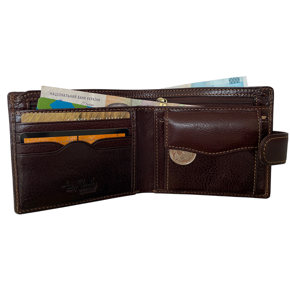 Dark brown leather bifold wallet detail — Tony Perotti Italico 2569A