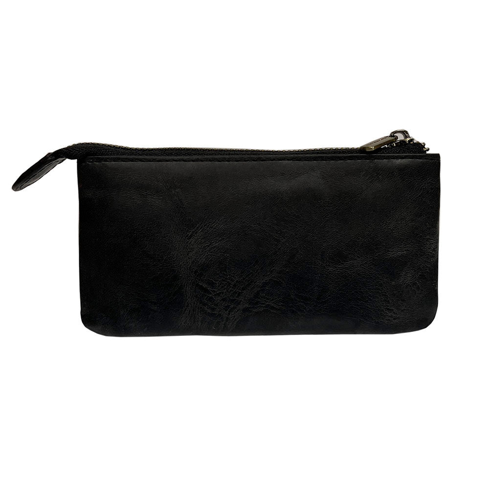 Back of the black Arno 3350 key case — plain vintage-look cowhide with the branded metal zip puller
