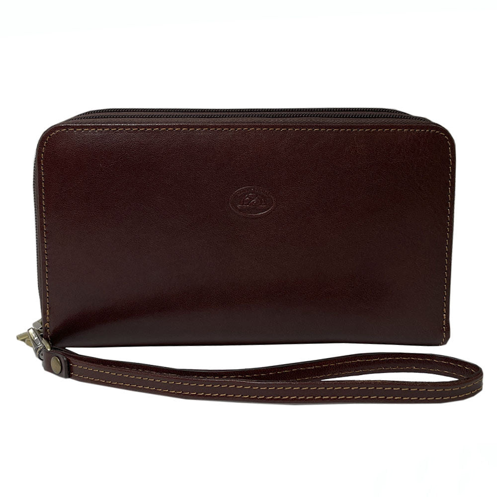 Front of the dark brown Italico 3668 clutch with the detachable leather wrist strap and contrasting stitching