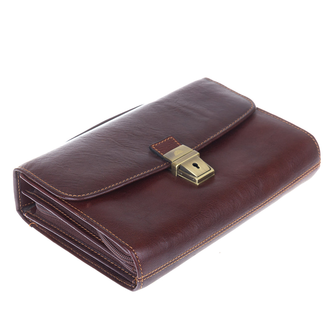 Dark brown Italico 9337 clutch lying flat — flap with clasp lock and layered zip sections